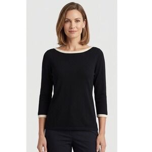 Lauren Ralph Lauren Knit Top Women L Black Cream Silk Blend Boat Neck 3/4 Sleeve